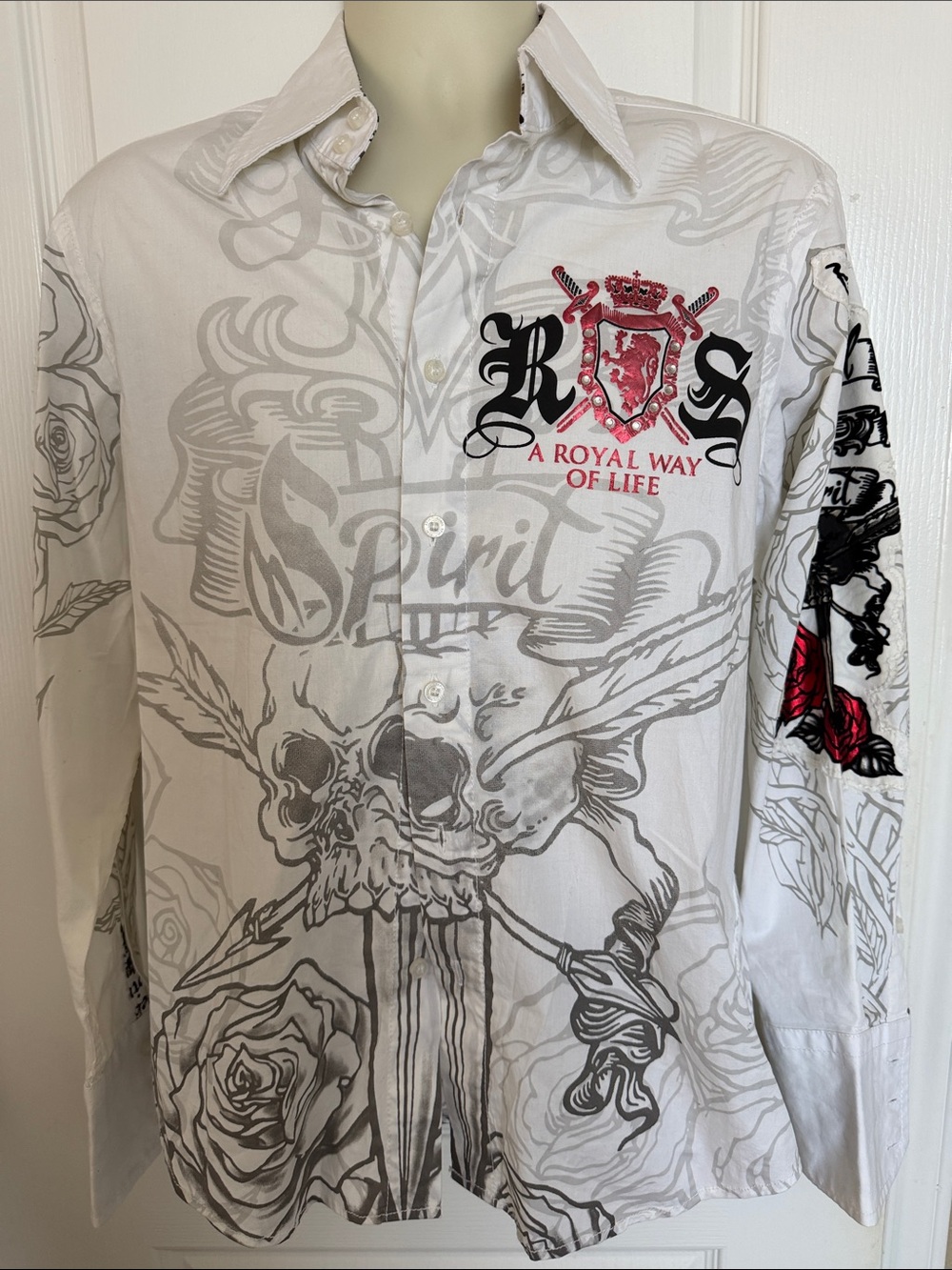Rebel Spirit White Button-Down Shirt with Red Crest & Gray Graphics